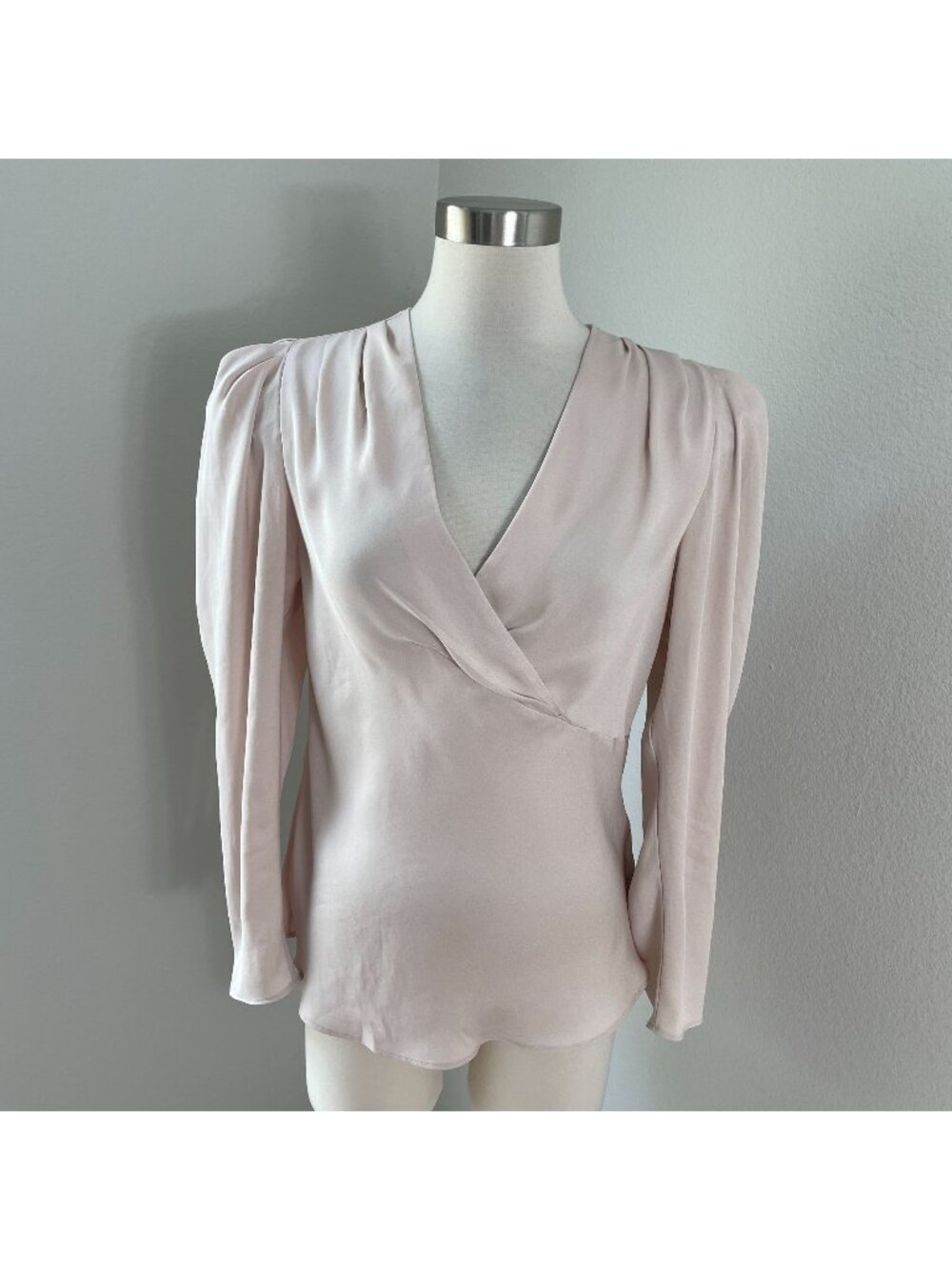 Express Womens Small Cream Blouse Long Puff Sleeves V Neck Satin Shirt Top